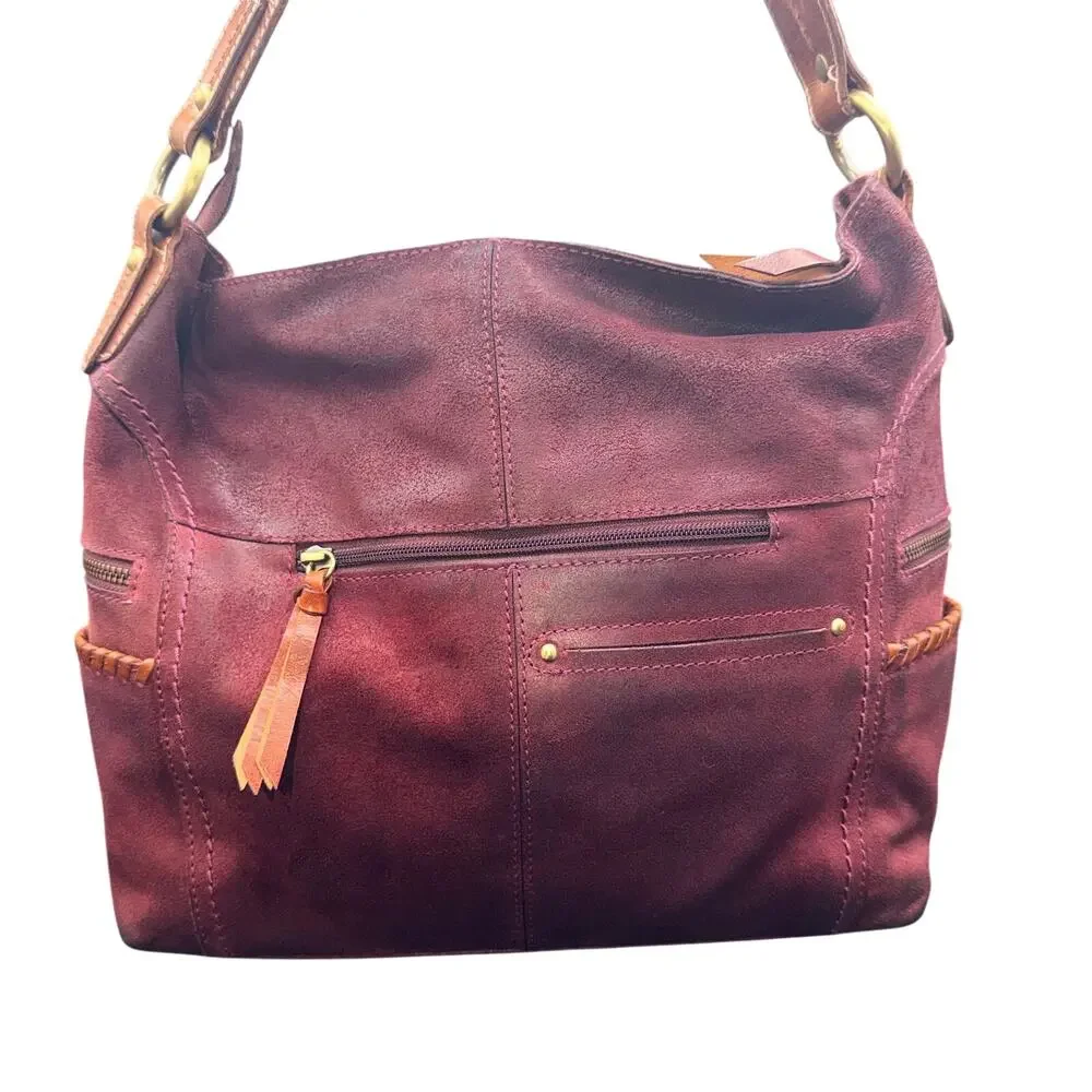 Nino Bossi Burgundy Leather Hobo Bag Whipstitch Boho Shoulder Purse